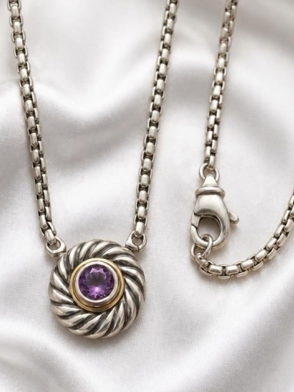 David Yurman Amethyst Cookie Necklace, 925 Silver, 585 14k Gold
